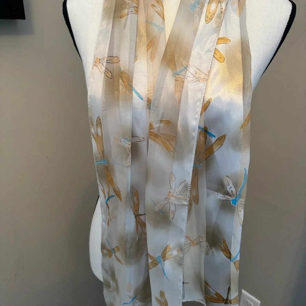 Vintage Dragonfly Sheer Chiffon Scarf Ivory‎ Gold Turquoise Long